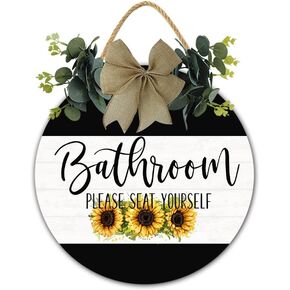 Rustic Hanging Wooden Signs Bathroom Sign Sunflowers Wood Decoration Farmhouse Primitive Wall Decor for Home Bar Shop Office Bussiness Restaurant Decor Art 11Inch