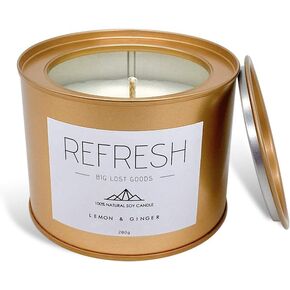Refresh Candle | Lemon & Ginger Scented | 10 Oz Tin Made with 100% Soy Wax and Natural Essential Oils || Use for: Energy, Rejuvenation, Positivity, and Revitalization