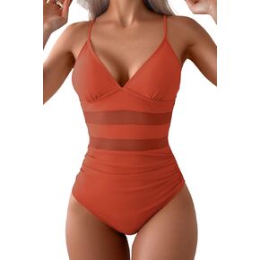 Eomenie Women's One Piece Swimsuit V Neck Mesh Bathing Suit 1 Piece Slimming Tummy Control Swimwear