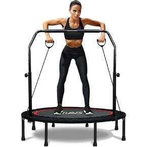 RAVS Mini Trampoline for Kids Adults 40"/48" Foldable Fitness Rebounder Kids Trampoline with 5 Levels Height Adjustable Handle Resistance Bands Indoor Workout Max Load 350lbs-450lbs