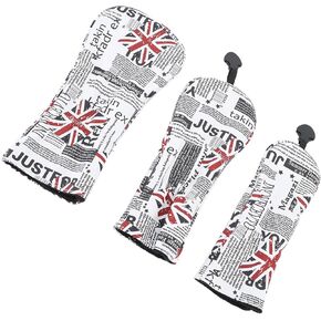 3PCS Club Head Cover,Hand Made Leather Headcover PU Waterproof English Flag Pattern Head Cover with Number Plate for Driver Fairway Wood