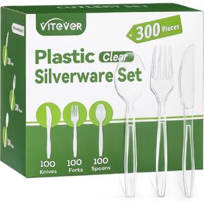 300 Count Heavy Duty Clear Plastic Silverware, 100 Plastic Forks, 100 Plastic Spoons, 100 Plastic Knives, BPA-Free Heat Resistant Disposable Plastic Cutlery Set for Party