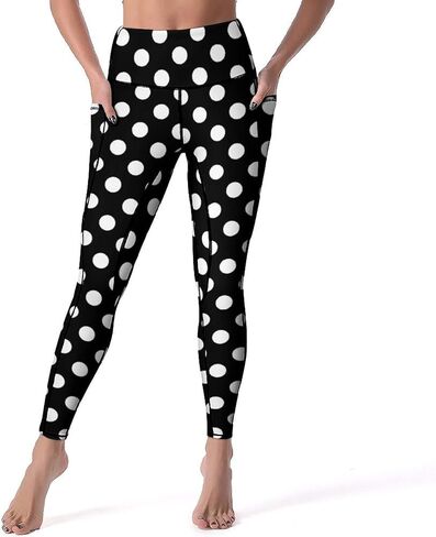 Black White Polka Dot Leggings with Pockets for Womens High Waist Yoga Pants Elasticity Workout Pants in Saudi Arabia
