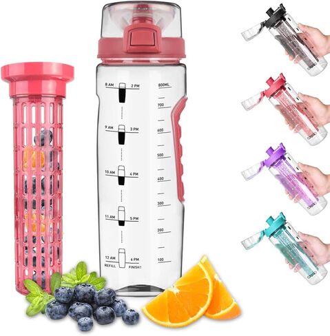 Opard Water Bottle with Time Marker, 30 oz Sports BPA Free Plastic Reusable Fruit Infuser Water Bottles with Handle, Leak Proof Flip Top Lid, Infusion Rod, Cleaning Brush and Recipe (Black) in Saudi Arabia
