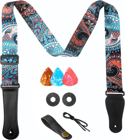 AZOR Guitar Straps for Acoustic Electric Guitar Bass, Vintage Woven Guitar Strap Adijustable with Genuine Leather Ends,Come with Strap Button 1 Pair Strap Locks and 3 Guitar Picks(21020) in Saudi Arabia
