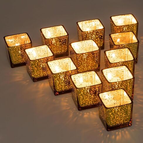 حاملات شموع ذهبية من Glasseam لقطعة الطاولة المركزية، مجموعة حامل شموع Tealight مربعة مكونة من 12 قطعة، حامل شموع صغير من زجاج الزئبق لضوء الشاي، حاملات شموع نذرية لامعة لديكور طاولة الزفاف in Saudi Arabia
