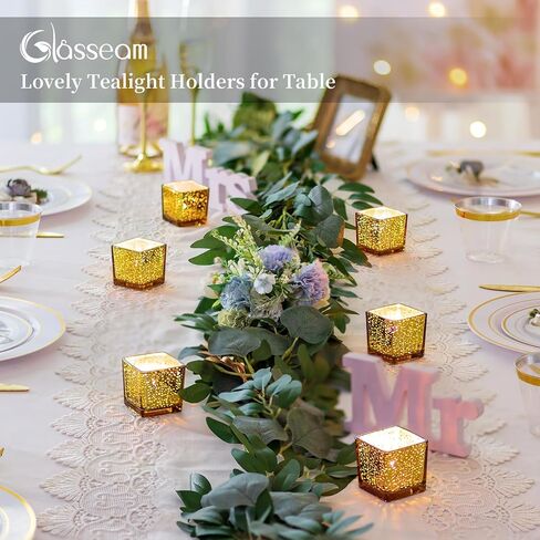 حاملات شموع ذهبية من Glasseam لقطعة الطاولة المركزية، مجموعة حامل شموع Tealight مربعة مكونة من 12 قطعة، حامل شموع صغير من زجاج الزئبق لضوء الشاي، حاملات شموع نذرية لامعة لديكور طاولة الزفاف in Saudi Arabia