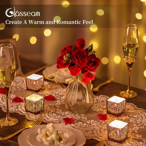 حاملات شموع ذهبية من Glasseam لقطعة الطاولة المركزية، مجموعة حامل شموع Tealight مربعة مكونة من 12 قطعة، حامل شموع صغير من زجاج الزئبق لضوء الشاي، حاملات شموع نذرية لامعة لديكور طاولة الزفاف in Saudi Arabia