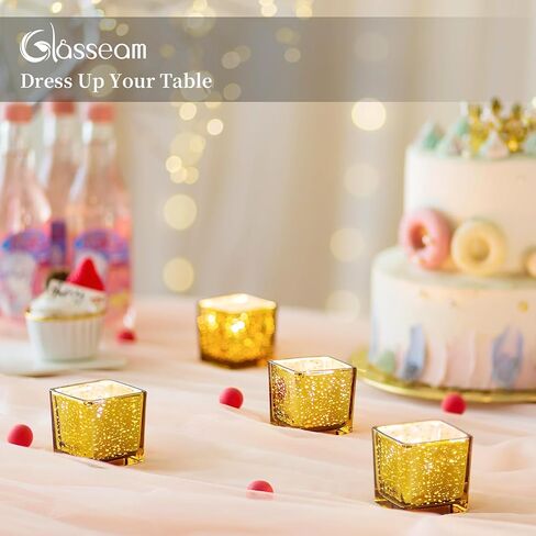 حاملات شموع ذهبية من Glasseam لقطعة الطاولة المركزية، مجموعة حامل شموع Tealight مربعة مكونة من 12 قطعة، حامل شموع صغير من زجاج الزئبق لضوء الشاي، حاملات شموع نذرية لامعة لديكور طاولة الزفاف in Saudi Arabia