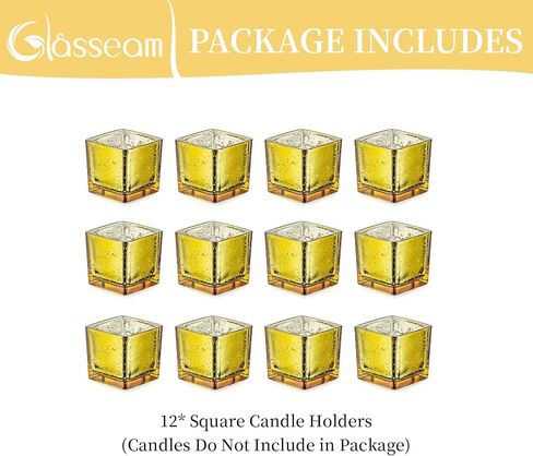 حاملات شموع ذهبية من Glasseam لقطعة الطاولة المركزية، مجموعة حامل شموع Tealight مربعة مكونة من 12 قطعة، حامل شموع صغير من زجاج الزئبق لضوء الشاي، حاملات شموع نذرية لامعة لديكور طاولة الزفاف in Saudi Arabia