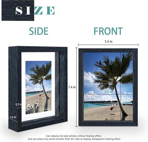 5x7 Floating Picture Frame, Double Glass Photo Frame, Made of Tempering Glass Display Any Size Photo (3.5x5 4x6) up to 5 x 7, Free Standing, Easy to Change Photos, for Wall and Tabletop, Black in Saudi Arabia