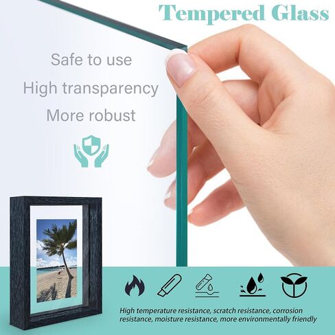 5x7 Floating Picture Frame, Double Glass Photo Frame, Made of Tempering Glass Display Any Size Photo (3.5x5 4x6) up to 5 x 7, Free Standing, Easy to Change Photos, for Wall and Tabletop, Black in Saudi Arabia