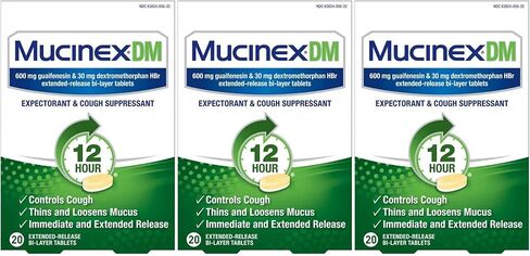 Mucinex DM 12 Hour Relief Tablets, 20ct, Controls Cough and Thins & Loosens Mucus That Causes Cough & Chest Congestion (Pack of 3) in Kuwait