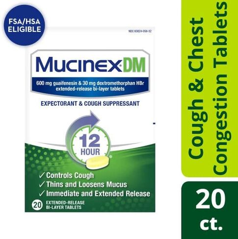 Mucinex DM 12 Hour Relief Tablets, 20ct, Controls Cough and Thins & Loosens Mucus That Causes Cough & Chest Congestion (Pack of 3) in Kuwait
