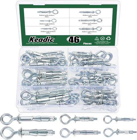 Keadic 46Pcs 6 Sizes Hollow Wall Anchor Screw Assortment Set, M4*32, M4*38, M5*37, M5*52, M6*52,M6*65, Heavy Duty Zinc Plated Steel Molly Bolts for Plasterboard Fixing (Round Ring) in Saudi Arabia