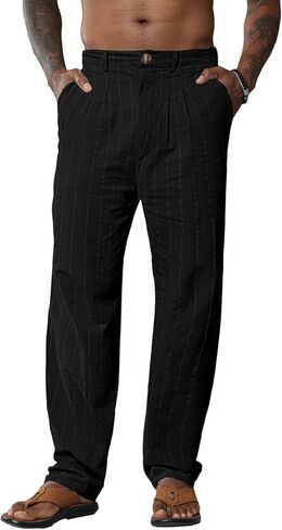 Lexiart Mens Casual Cotton Linen Striped Pants Elastic Waist Summer Beach Yoga Pants in Saudi Arabia