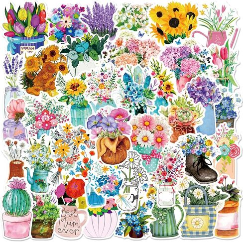 ملصقات الزهور /50 قطعة من ملصقات نباتات الزهور/زجاجة مياه للكمبيوتر المحمول والثلاجة ولوح التزلج وسجل القصاصات المقاوم للماء من الفينيل ملصقات جمالية in Kuwait