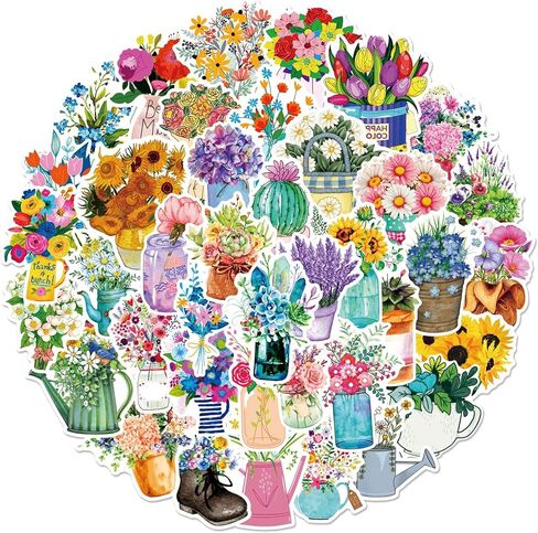 ملصقات الزهور /50 قطعة من ملصقات نباتات الزهور/زجاجة مياه للكمبيوتر المحمول والثلاجة ولوح التزلج وسجل القصاصات المقاوم للماء من الفينيل ملصقات جمالية in Kuwait