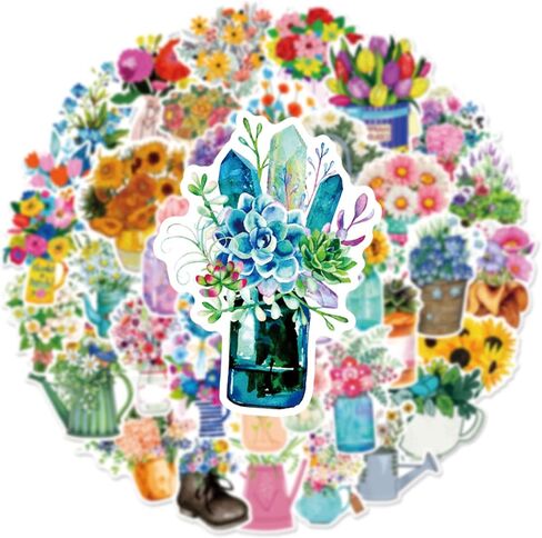 ملصقات الزهور /50 قطعة من ملصقات نباتات الزهور/زجاجة مياه للكمبيوتر المحمول والثلاجة ولوح التزلج وسجل القصاصات المقاوم للماء من الفينيل ملصقات جمالية in Kuwait