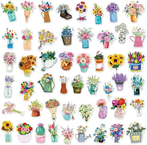 ملصقات الزهور /50 قطعة من ملصقات نباتات الزهور/زجاجة مياه للكمبيوتر المحمول والثلاجة ولوح التزلج وسجل القصاصات المقاوم للماء من الفينيل ملصقات جمالية in Kuwait