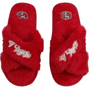 FOCO Womens NFL Team Script Wordmark Fuzzy Cross Slide Slippers