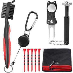 VINTEAM Golf Accessories Gift Set, Golf Towel, Golf Club Brush with Groove Cleaner, Foldable Divot Repair Tool with Ball Marker, Club Groove Cleaner Set and Golf Tee Holder - Golf Club Cleaning Kit