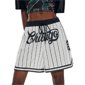 Verdusa Women's Letter Print Striped Basketball Shorts Drawstring Elastic Waist Sports Shorts
