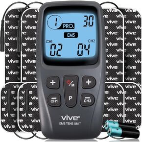 Vive EMS Muscle Stimulator (22 Mode) Tens Unit for Pain Relief Therapy - Machine for Back, Shoulder, Body Pain Management - 40 Level Device & 8 Self Adhesive Gel Electrodes 8 Pads, FSA/HSA Eligible