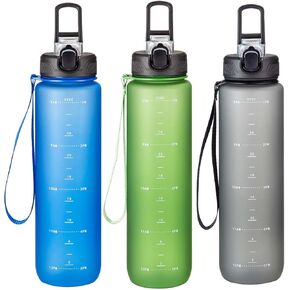 3 عبوات من زجاجات المياه سعة 32 أونصة مع مقبض حزام من القش، زجاجات مياه بلاستيكية بلورية قابلة لإعادة الاستخدام، مع أوقات للشرب، فم واسع ومانعة للتسرب للرياضة والسفر والجري والمشي لمسافات طويلة، رمادي أزرق أخضر in Kuwait