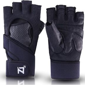 Fingerless Workout Gloves for Men Women with Wrist Wrap Support for Weight Lifting, Gym, Workout, Exercise, Fitness Training, Durable Genuine Leather Palm Grips
