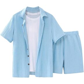 Verdusa Men's 2 Piece Outfits Summer Short Sleeve Summer Button Up Shirt and Shorts Sets