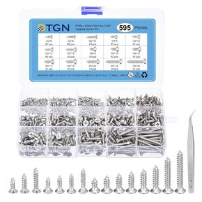 595Pcs Wood Screws Assortment Kit - 15 Sizes 304 Stainless Steel M2 M3 M4 Phillips Flat Head Self Tapping Screws with Tweezers