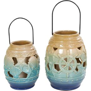 Deco 79 Ceramic Ship Wheel Ombre Cutout Candle Lantern with Starfish and Shell Accents, Set of 2 9", 7" H, Blue