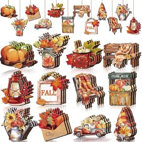 36 Pcs Fall Wooden Ornaments Thanksgiving Tree Decorations Pumpkin Leaf Truck Gnome Wood Cutouts with Ropes Autumn Harvest Hanging Signs for Holiday Party Tree Decor in Kuwait