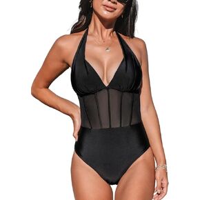 CUPSHE Women's One Piece Swimsuit Plunging V Neck Bathing Suit Halter Straps Mesh