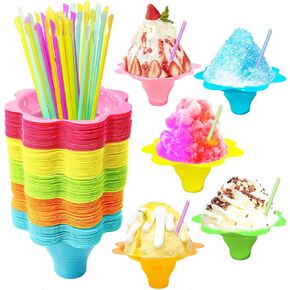 200Pcs 4oz Colorful Snow Cone Cups with Spoon Straws,Flower Shaped Ice Cream Snacks Cup Reusable Plastic Bowls Easy Grip for Kids Birthday Summer Holiday Party