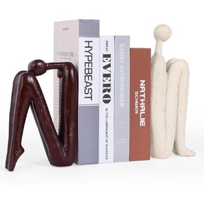 Thinker Statue Decorative Bookends,1 Pair/2 PCS Book Ends for Shelves Unique Modern Book Stopper for Heavy Books, Abstract Aesthetic Decor, Modern Home Bookshelf Decoration (White and Red Brown)