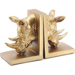 Bellaa 21800 Rino Decorative Bookend The Cool Rinocer Vintage Style Rhino Golden Statues Bookshelves Home Decor 7 inch Retro Book Ends Industrial Rustic