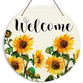 Welcome Sign for Front Door, Sunflower Welcome Door Sign Decoration, Welcome Round Decorative Wall Sign, Rustic Wooden Hanging Sign for Farmhouse Home Porch Living Room -07