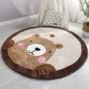 Round Rug Cute Cartoon Animal Plush Area Rug Fluffy Faux Wool Playroom Rug Non-Slip Kids Rug Washable Game Rugs Floor Mat for Kids Bedroom Nursery Living Room Playroom (Grey Bear, 47 inch)