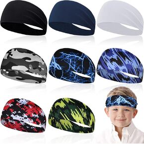 8 Pcs Boys Headbands for Sports,Breathable Kids Sweatbands with Non Slip Elastic,Comfortable Sports Kids Headbands for Baseball Soccer Basketball