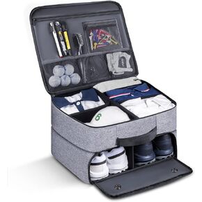 Golf Trunk Organizer 2 Layer, Car Golf Organizer with Ventilated Compartment for 2 Pair Shoes, Golf Trunk Storage Locker for Golf Accessories, Balls, Tees, Clothes, Gloves, Golf Gifts for Men