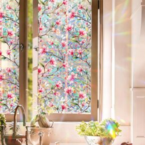 Window Privacy Film,Magnolia Rainbow Window Film Decorative 3D Window Clings Non Adhesive Window Tint for Home,Stained Glass Window Film for Glass,UV Blocking17 x 39.4"(BL020)