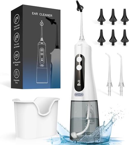 Ear Wax Removal Tool, Water Powered Ear Cleaner with 9 Pressure Settings, 6 Reusable 3 & 5 Hole Tips, IPX7 Waterproof Ear Cleaning Kit Safe and Effective to Clean Build-up Earwax (White) in Saudi Arabia