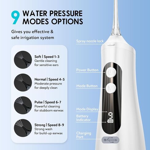 Ear Wax Removal Tool, Water Powered Ear Cleaner with 9 Pressure Settings, 6 Reusable 3 & 5 Hole Tips, IPX7 Waterproof Ear Cleaning Kit Safe and Effective to Clean Build-up Earwax (White) in Saudi Arabia