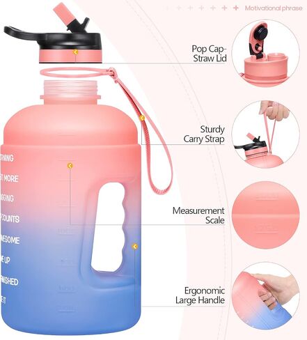 Large 74 oz/Half Gallon Motivational Water Bottle with 2 Lids (Chug and Straw), BPA Free Sports Drink Water Jug with Time Marker for Camping Sports Workouts and Outdoor Activity in Saudi Arabia