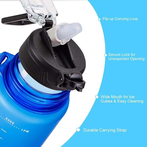 3 عبوات من زجاجات المياه سعة 32 أونصة مع مقبض حزام من القش، زجاجات مياه بلاستيكية بلورية قابلة لإعادة الاستخدام، مع أوقات للشرب، فم واسع ومانعة للتسرب للرياضة والسفر والجري والمشي لمسافات طويلة، رمادي أزرق أخضر in Kuwait