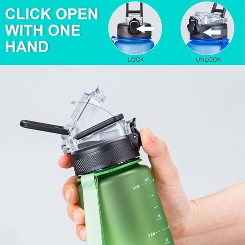 3 عبوات من زجاجات المياه سعة 32 أونصة مع مقبض حزام من القش، زجاجات مياه بلاستيكية بلورية قابلة لإعادة الاستخدام، مع أوقات للشرب، فم واسع ومانعة للتسرب للرياضة والسفر والجري والمشي لمسافات طويلة، رمادي أزرق أخضر in Kuwait