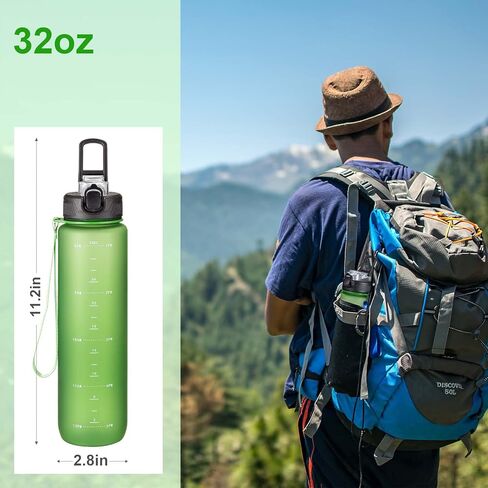 3 عبوات من زجاجات المياه سعة 32 أونصة مع مقبض حزام من القش، زجاجات مياه بلاستيكية بلورية قابلة لإعادة الاستخدام، مع أوقات للشرب، فم واسع ومانعة للتسرب للرياضة والسفر والجري والمشي لمسافات طويلة، رمادي أزرق أخضر in Kuwait
