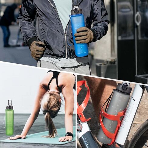 3 عبوات من زجاجات المياه سعة 32 أونصة مع مقبض حزام من القش، زجاجات مياه بلاستيكية بلورية قابلة لإعادة الاستخدام، مع أوقات للشرب، فم واسع ومانعة للتسرب للرياضة والسفر والجري والمشي لمسافات طويلة، رمادي أزرق أخضر in Kuwait